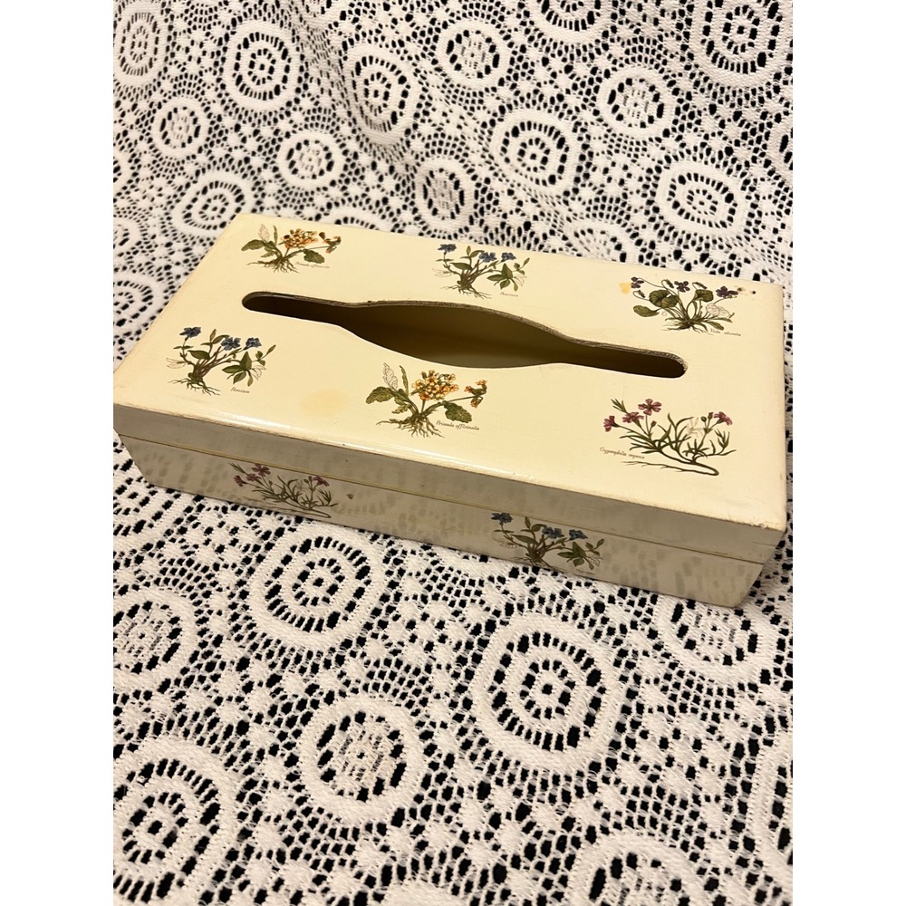 Vintage Painted Wooden Botanical Tissue Box Holder | *SEE NOTE | Cottage